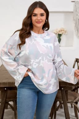 image-Green Plus Size Camouflage Print Drop Shoulder Pullover