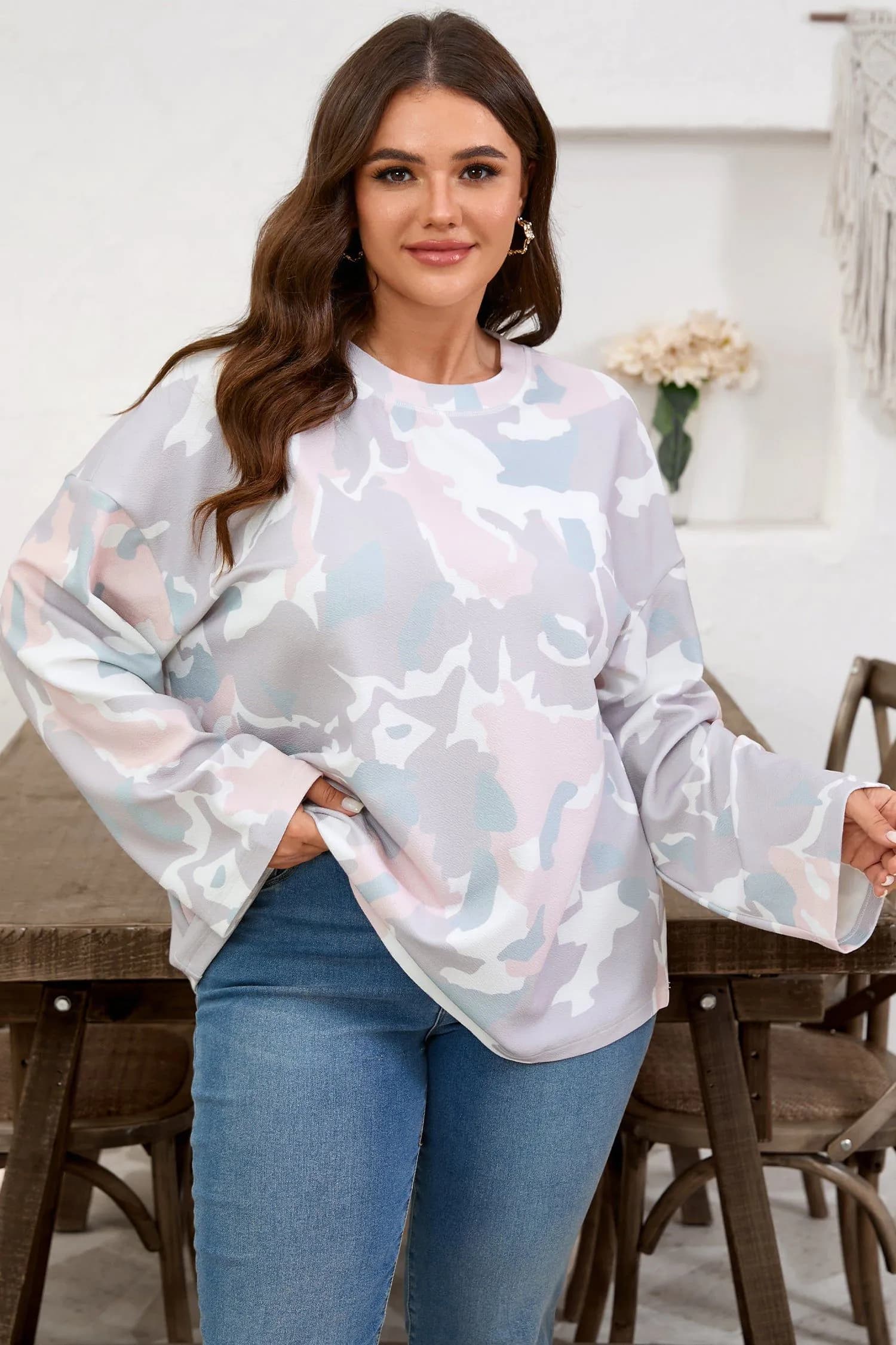 image-Green Plus Size Camouflage Print Drop Shoulder Pullover