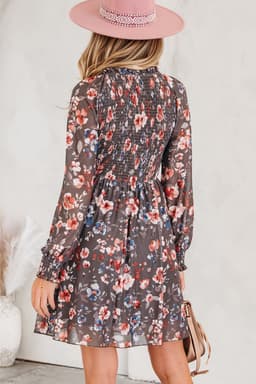 image-Brown Floral Mesh Mini Dress - Smocked Bodice Long Sleeve