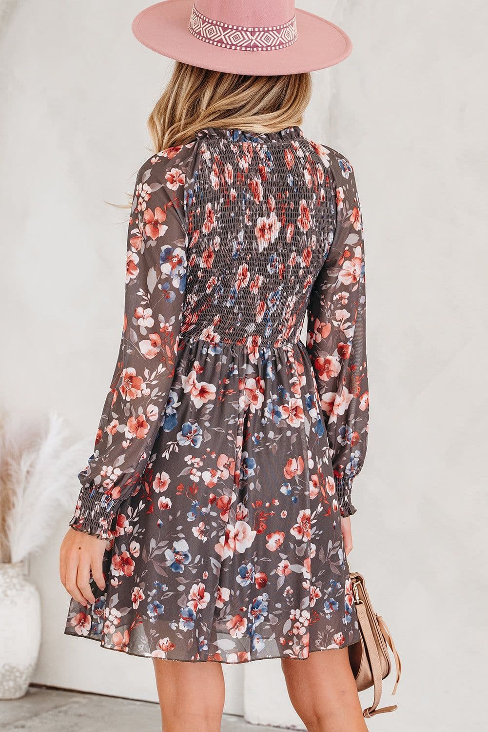 image-Brown Floral Mesh Mini Dress - Smocked Bodice Long Sleeve