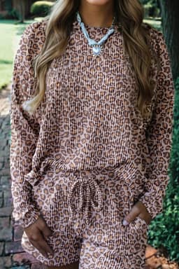 image-Khaki Leopard Ribbed Long Sleeve Top Drawstring Shorts 2pcs Outfit