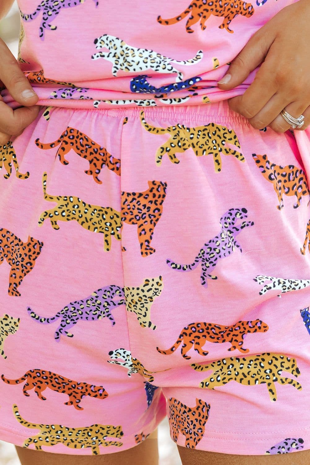image-Pink Flower Print Short Sleeve High Waist Two Piece Shorts Set