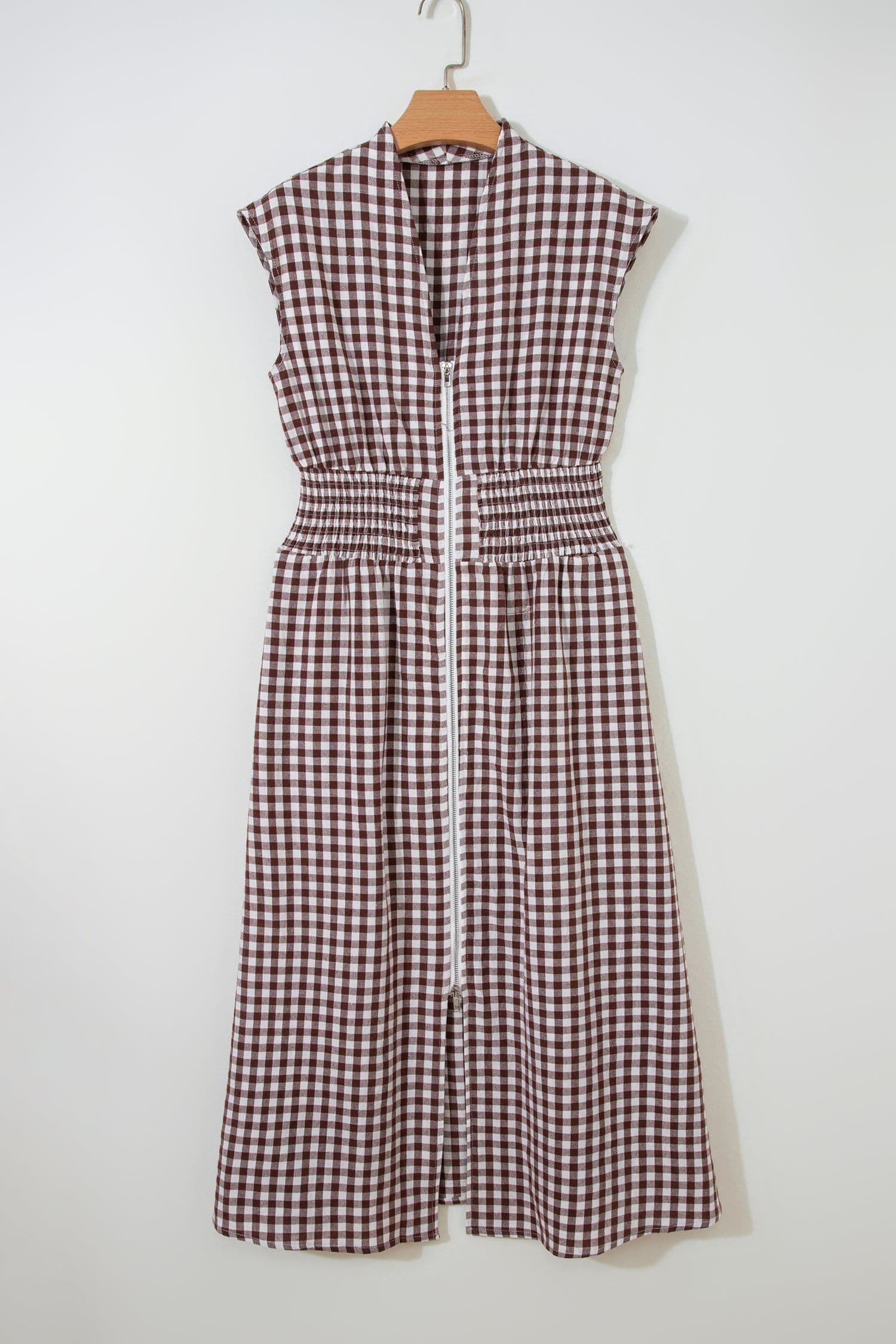 image-Coffee Plaid Print Full Zipper Cinched Waist Fit Flare Sleeveless Maxi Dress