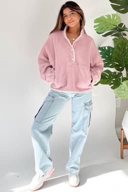 image-Fuchsia Half Button Zip Pocket Sweatshirt - Plush Elastic Cuffs
