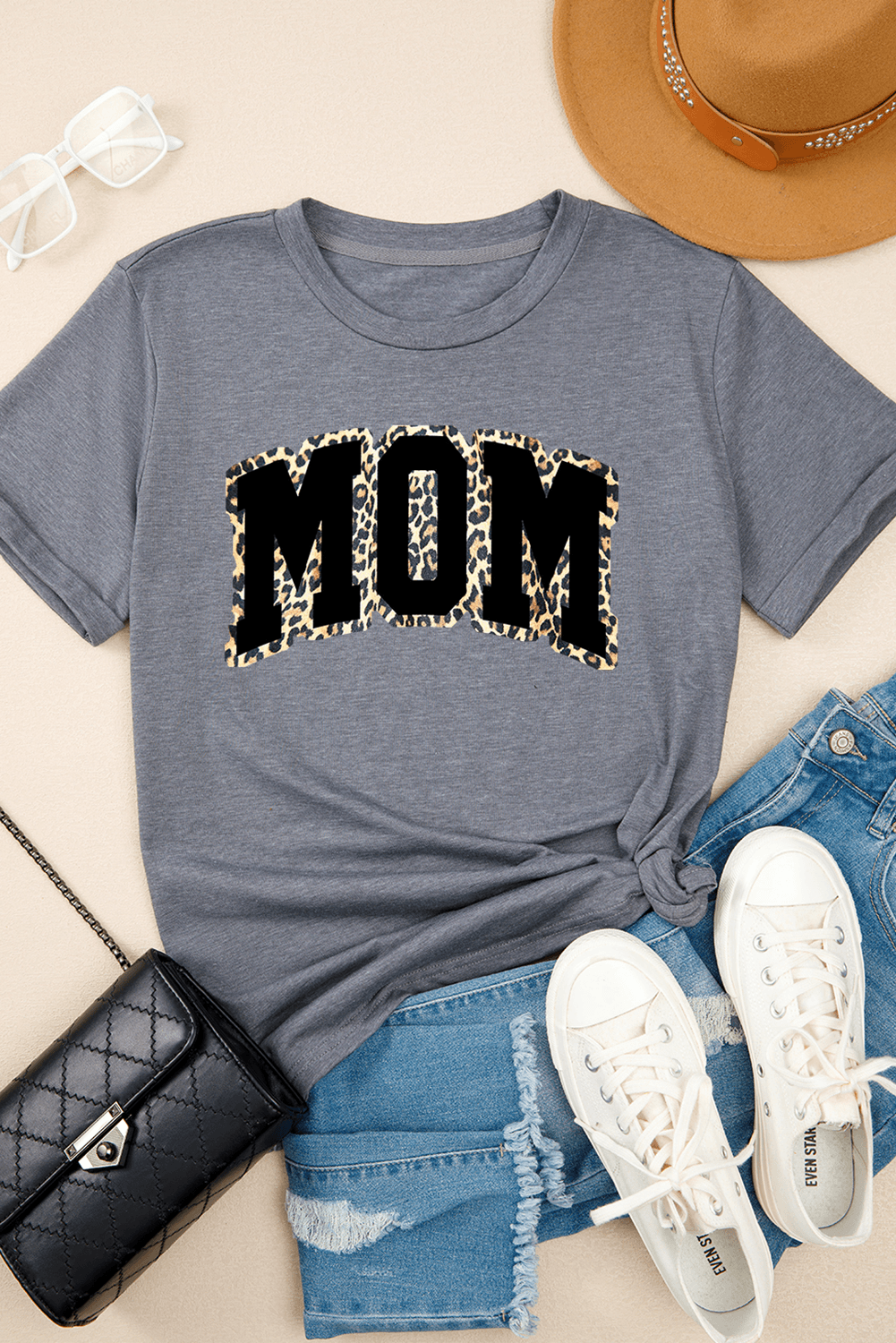 image-Gray Leopard MOM Graphic Crewneck T-Shirt