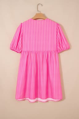 image-Rose Striped Print Bow Detail Short Puff Sleeve Mini Dress