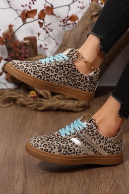 image-Leopard Print Faux Suede Lace Up Sneakers - Coffee Brown