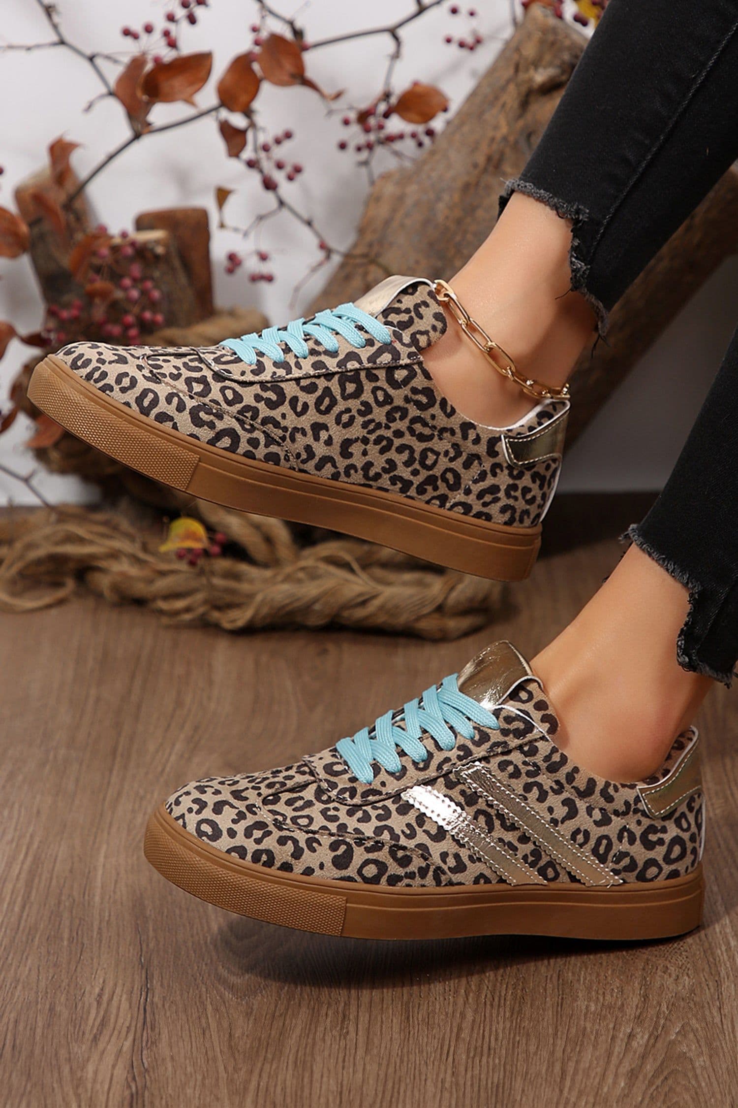 image-Leopard Print Faux Suede Lace Up Sneakers - Coffee Brown