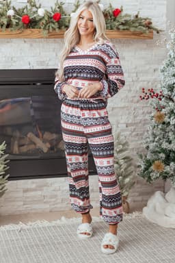 image-Black Retro Christmas Pattern Lounge Set - Pullover Pants