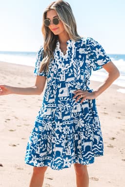 image-Blue Ricrac Trim Split Neck Floral Loose Dress