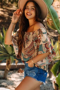 image-Apricot Paisley Off Shoulder Blouse - Ruffled Sleeves