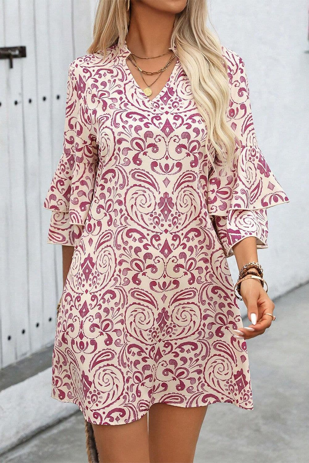 image-Pink Paisley Print Tiered 3/4 Sleeve Mini Dress