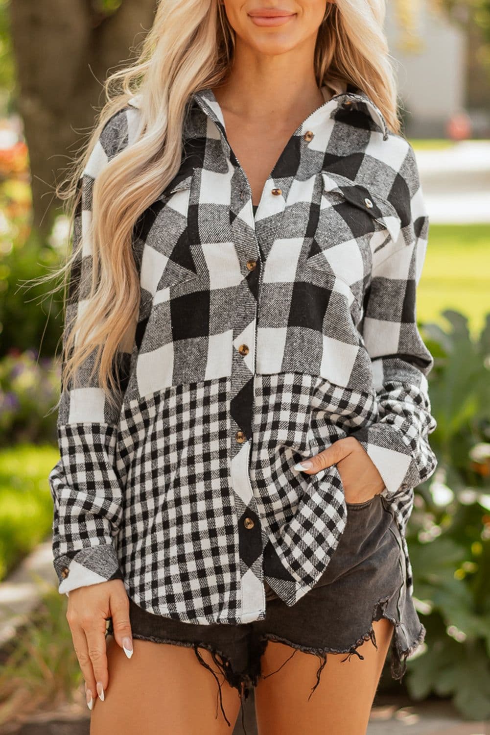 image-Black Plaid Patchwork Hooded Shacket with Drawstring
