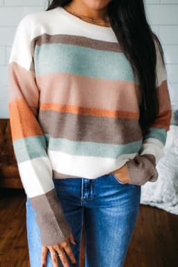 image-White Striped Color Block Knit Drop Shoulder Sweater