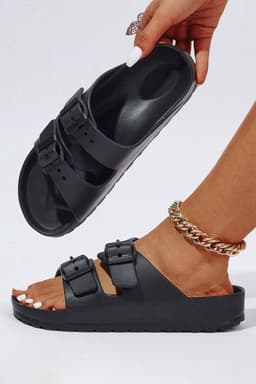 image-Black EVA Slippers with Double-Buckle Adjustable Fit