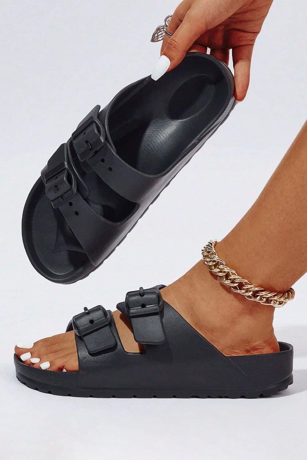 image-Black EVA Slippers with Double-Buckle Adjustable Fit