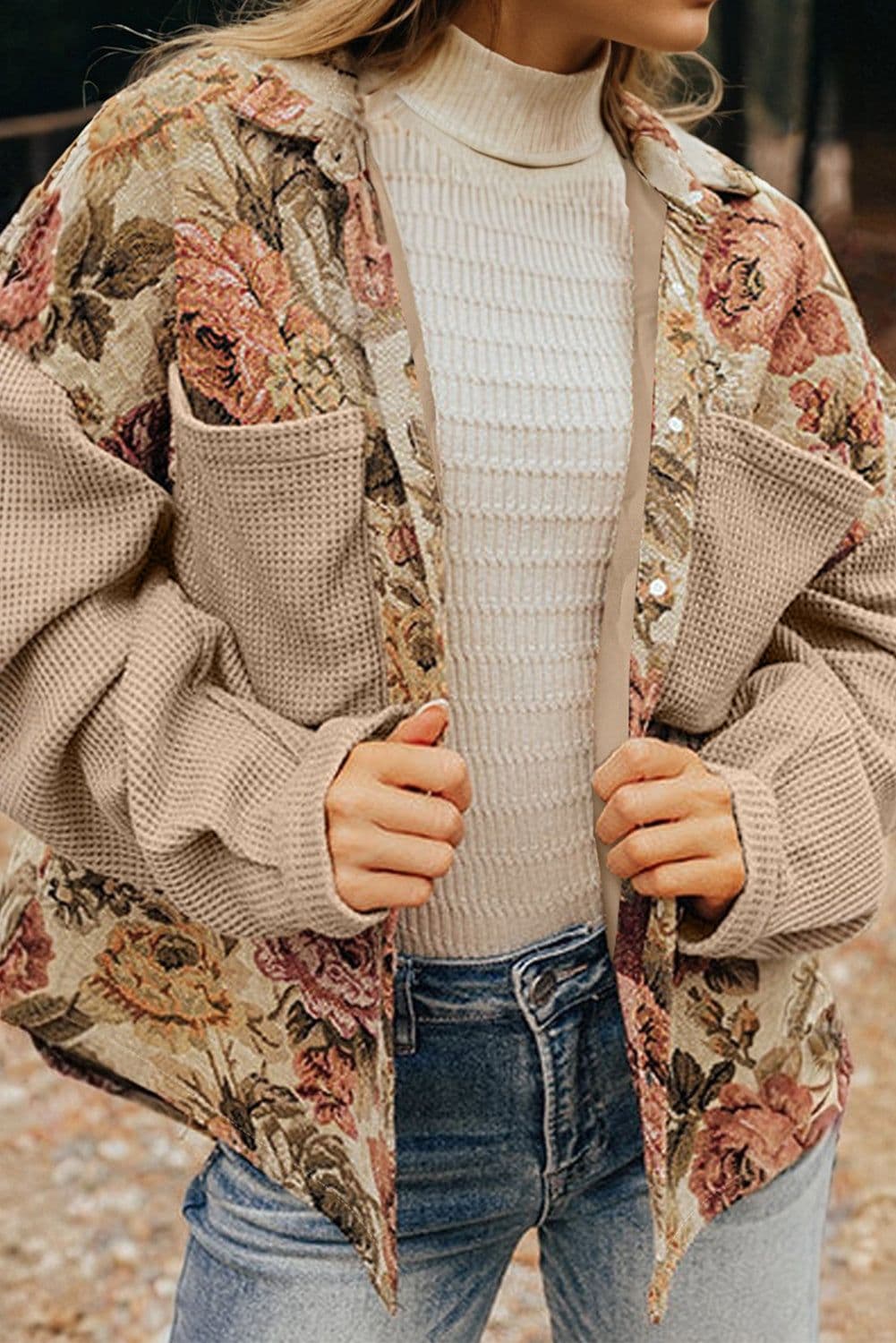 image-Khaki Floral Waffle Knit Patchwork Buttoned Jacket