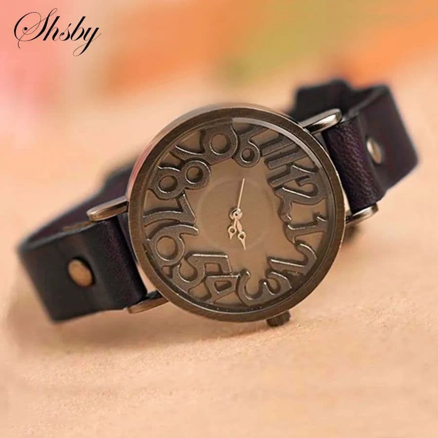 image-Shsby New Vintage Digital Hollow Genuine Cow Leather Strap Watches Women Dress Watches Female Quartz Watch Student Leisure Watch