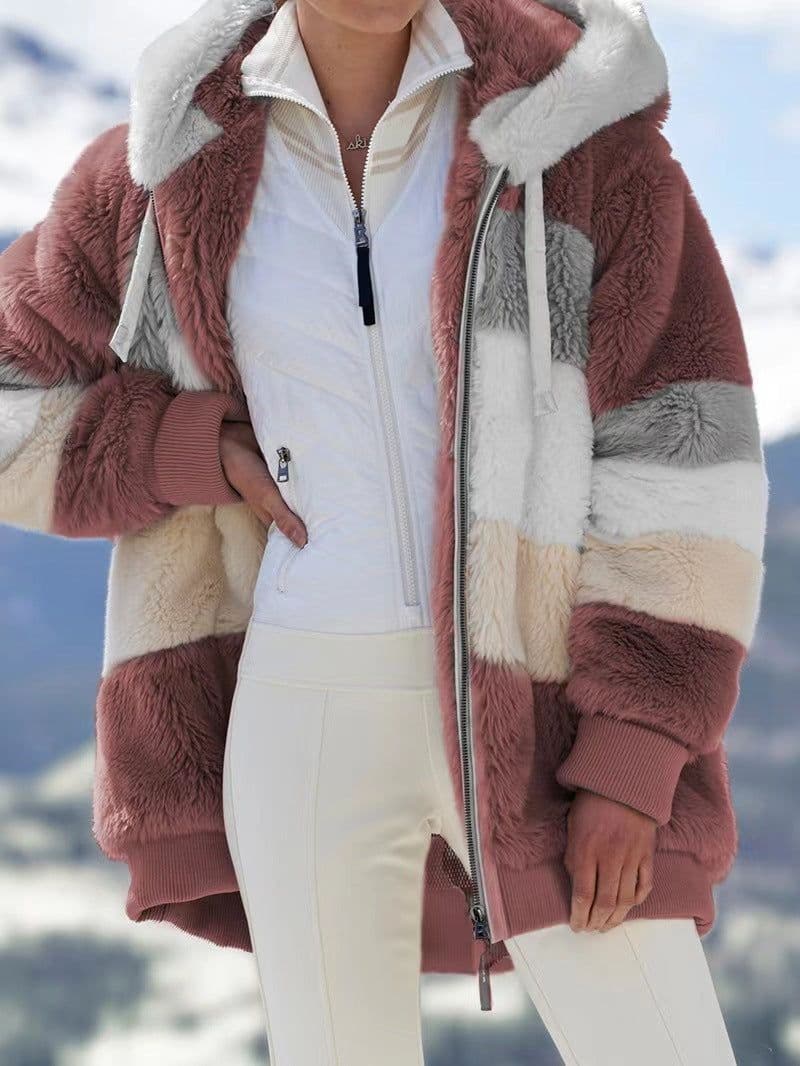 image-Women's Loose Plush Multicolor Hooded Jacket