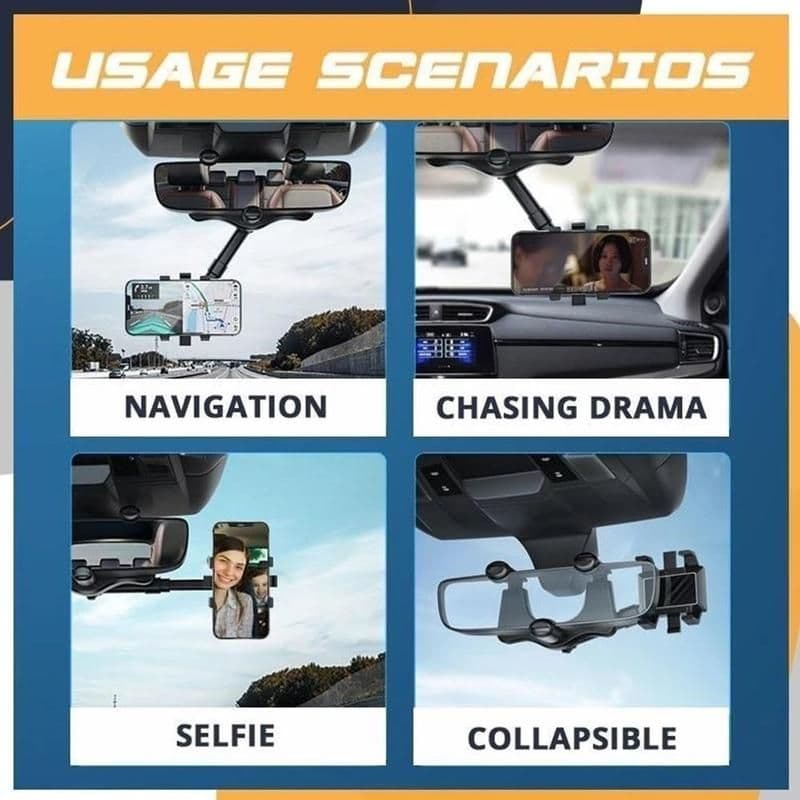 image-Rotatable Retractable Rearview Mirror Phone Holder For Car