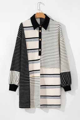 image-Black Stripe Knit Henley Collar Shift Dress - Long Sleeve, Mini Dress