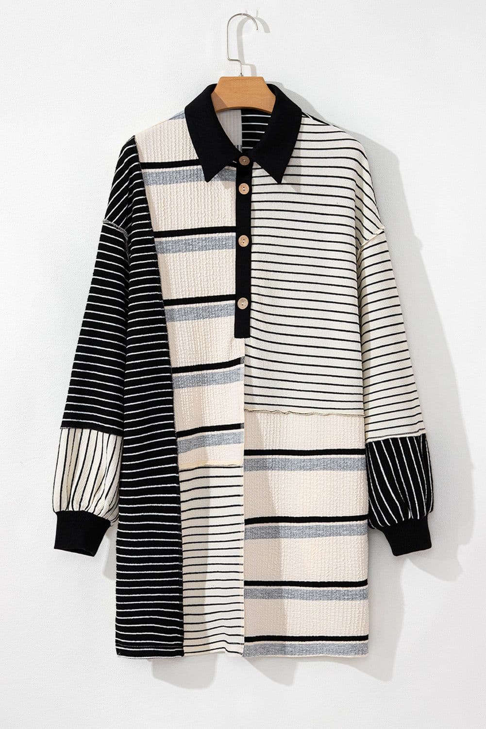 image-Black Stripe Knit Henley Collar Shift Dress - Long Sleeve, Mini Dress