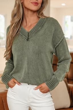 image-Four Leaf Clover Mineral Wash V Neck Knit Exposed Seam Drop Shoulder Loose Sweater