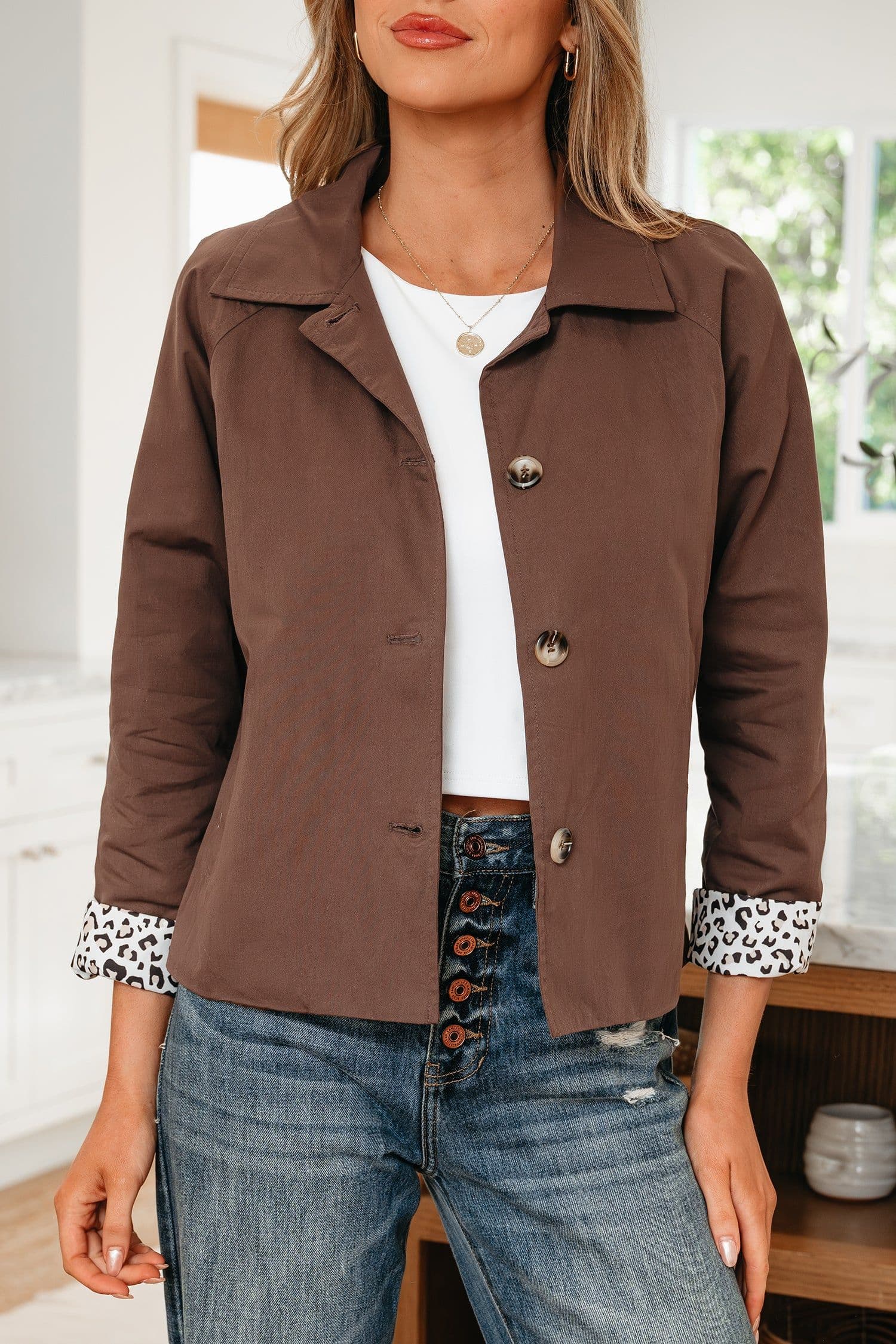 image-Dark Brown Leopard Patchwork Collared Jacket