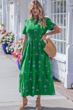 image-Floral Print Maxi Dress - Split Neck, Shirred Waist, Ruffle Hem - 60" Long