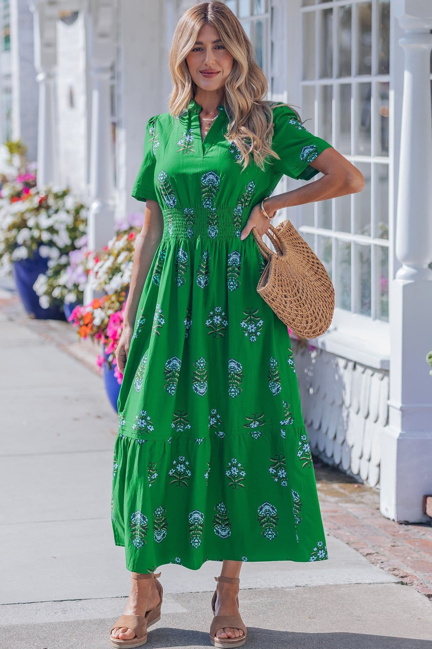 image-Floral Print Maxi Dress - Split Neck, Shirred Waist, Ruffle Hem - 60" Long