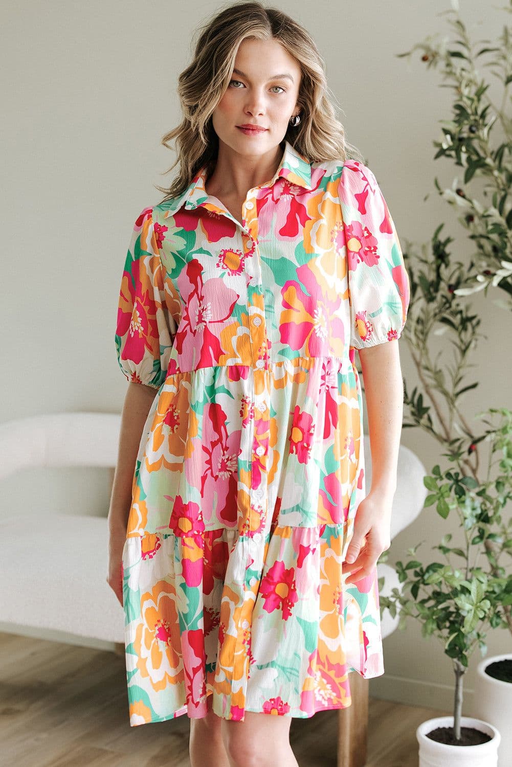 image-Pink Floral Puff Sleeve Collar Buttoned Babydoll Dress