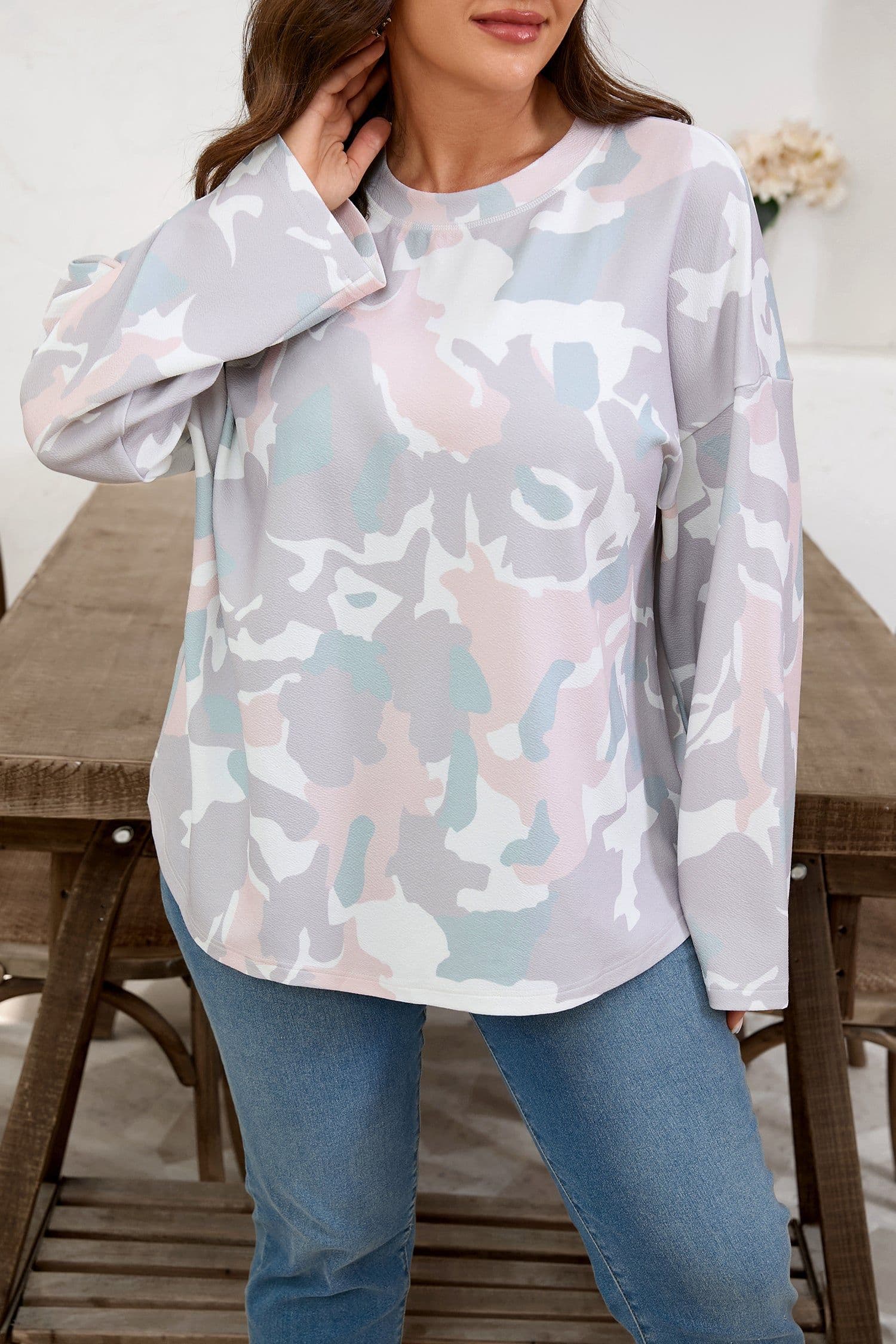 image-Green Plus Size Camouflage Print Drop Shoulder Pullover