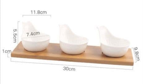 image-Ceramic Divided Serving Dish with Wooden Tray - Porcelain Bowl