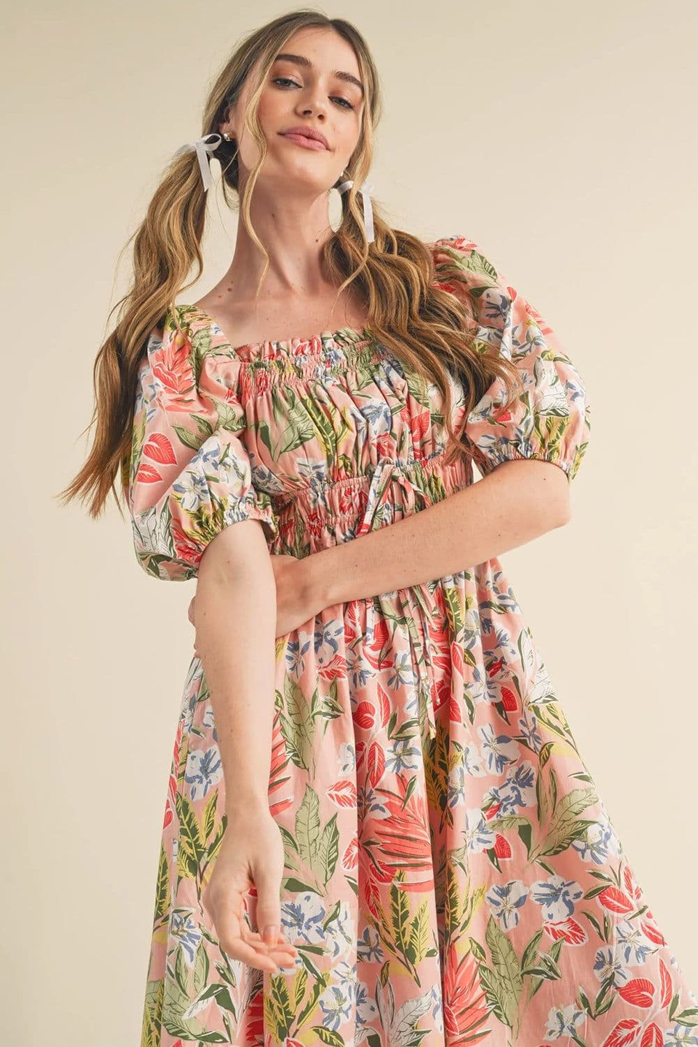 image-Apricot Pink Floral Smocked Bust Bubble Short Sleeve Maxi Dress
