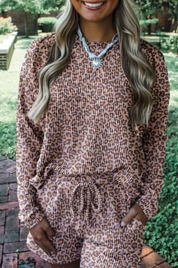 image-Khaki Leopard Ribbed Long Sleeve Top Drawstring Shorts 2pcs Outfit