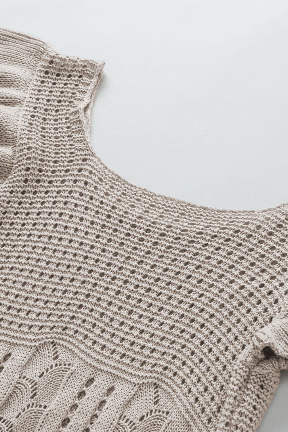 image-Beige Pointelle Knit Flutter Sleeve Sweater - Versatile & Chic