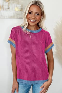 image-Bright Pink Textured T Shirt - Contrast Trim