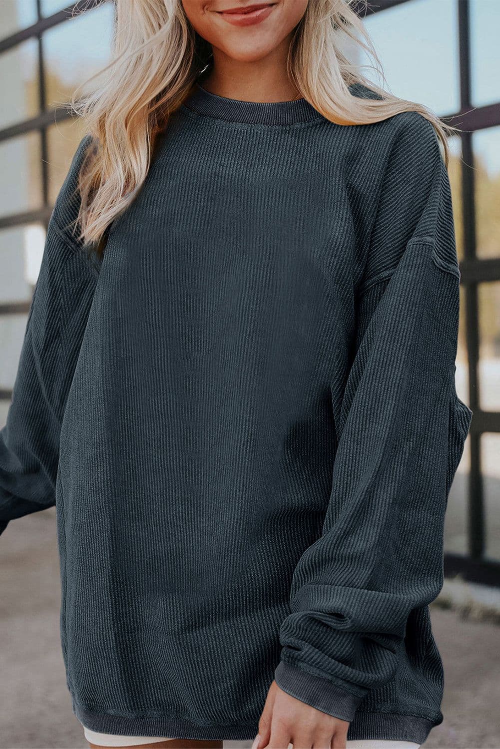 image-Strawberry Pink Ribbed Corded Oversized Sweatshirt
