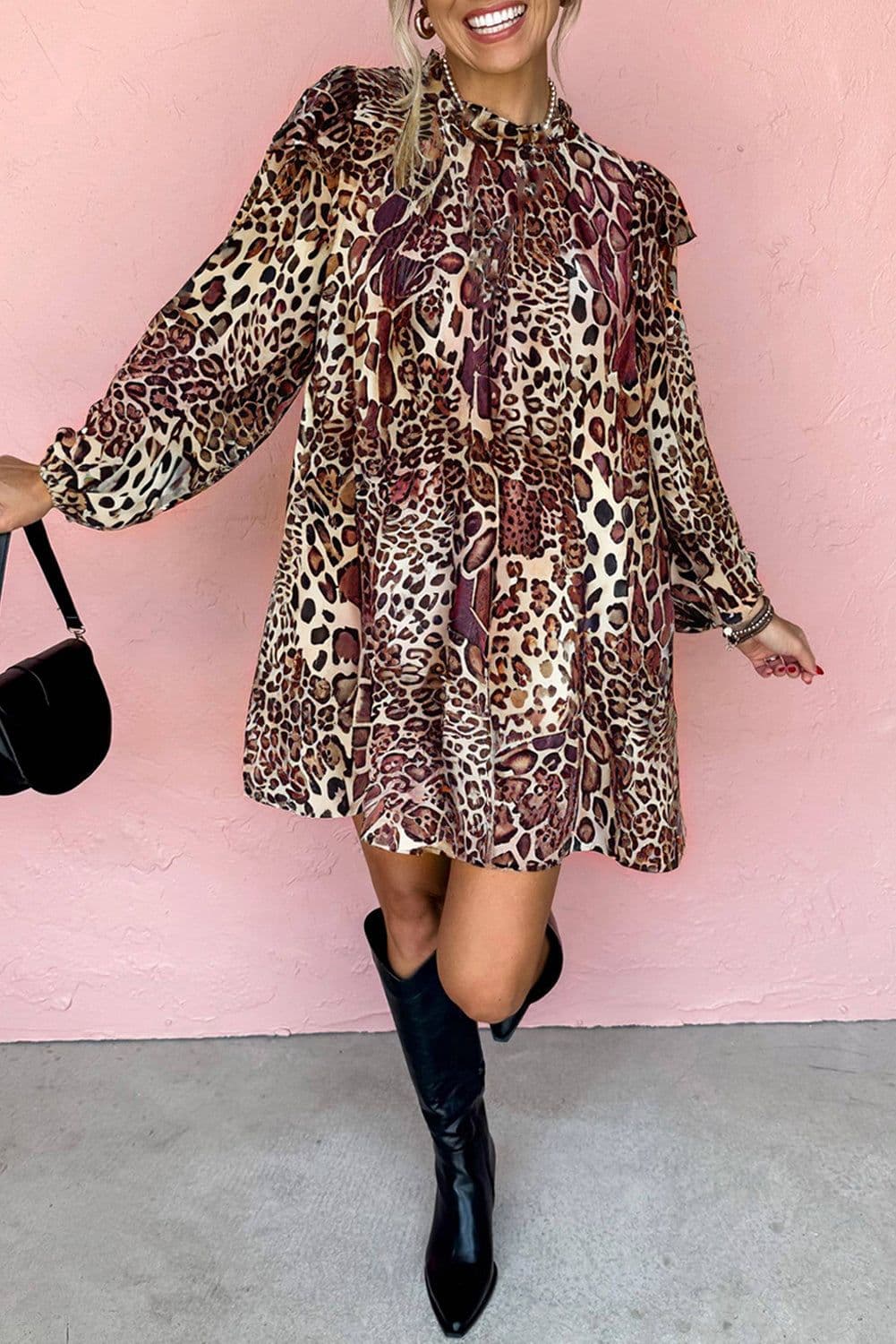 image-Brown Leopard Ruffled Detail Long Sleeve Mini Dress