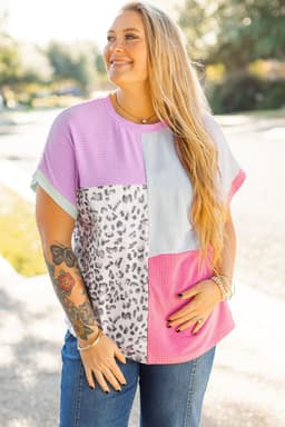 image-Rose Red Leopard Colorblock Patchwork Corded Knit Plus T-Shirt