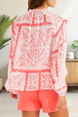 image-Vintage Desert Flower Blouse with Poet Collar & Billowy Sleeves