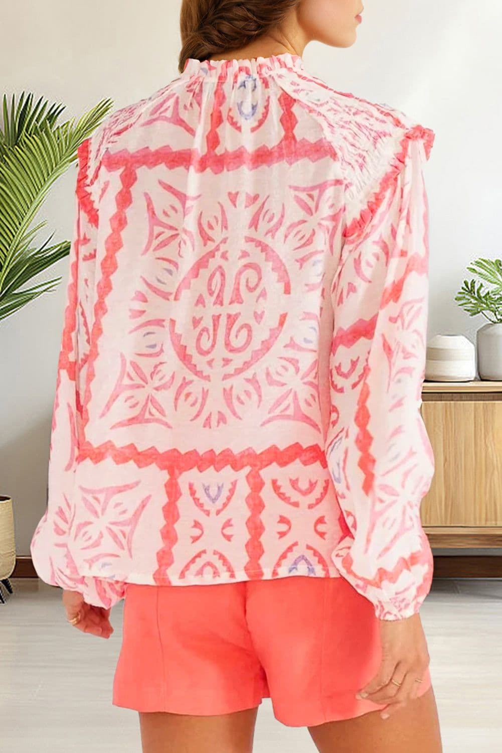 image-Vintage Desert Flower Blouse with Poet Collar & Billowy Sleeves