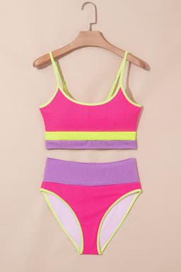 image-Rose Red Color Block High Waisted Bikini Set