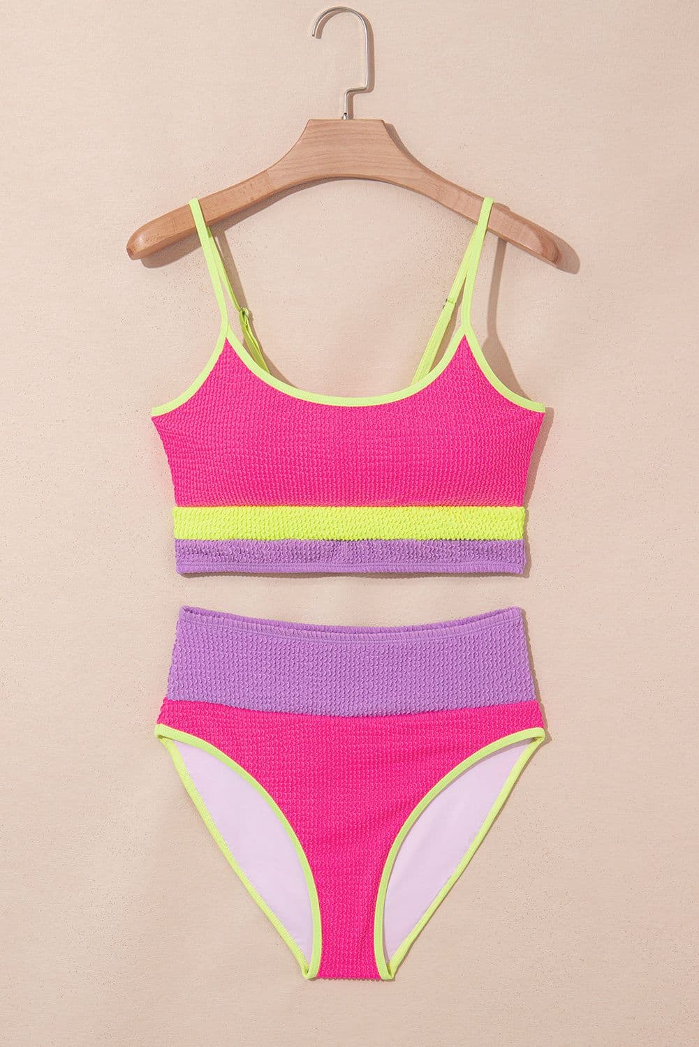 image-Rose Red Color Block High Waisted Bikini Set