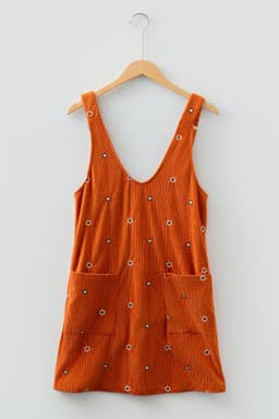 image-Gold Flame Flower Embroidered Corduroy Overall Mini Dress