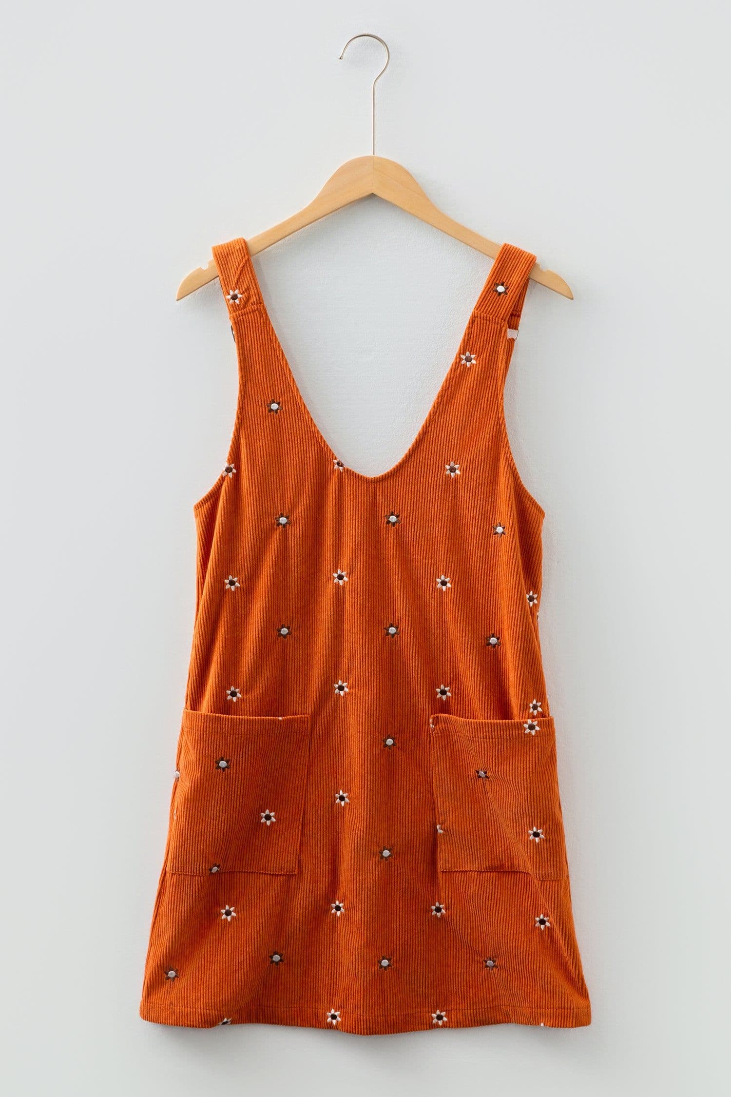 image-Gold Flame Flower Embroidered Corduroy Overall Mini Dress