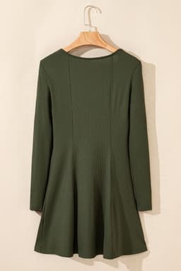 image-Rib Knit Square Neck Mini Dress - Green Long Sleeve