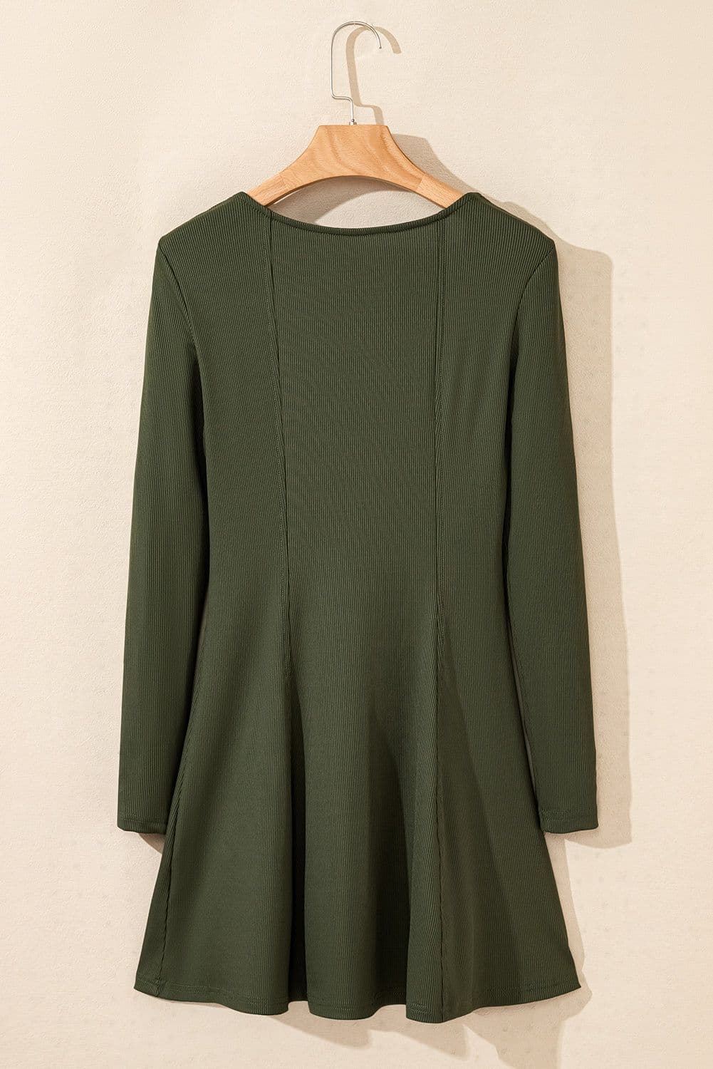 image-Rib Knit Square Neck Mini Dress - Green Long Sleeve