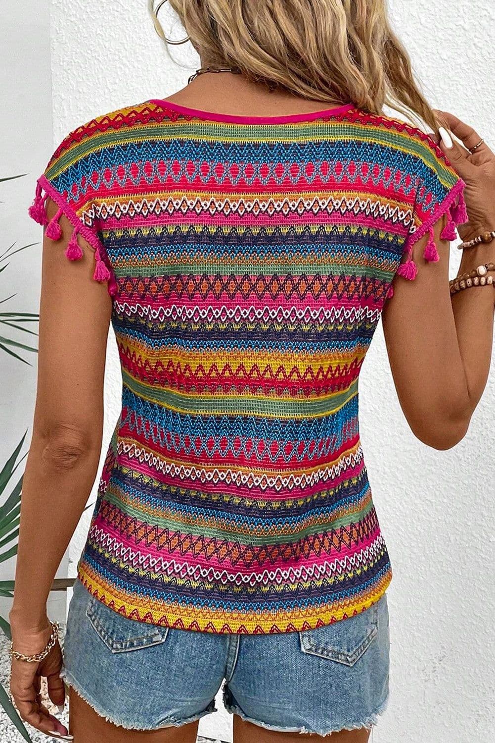 image-Rose Red Jacquard Tasseled Cap Sleeve Top - Luxurious Fabric