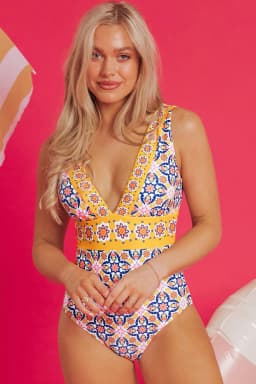 image-Yellow Floral Print V Neck One Piece Swimsuit